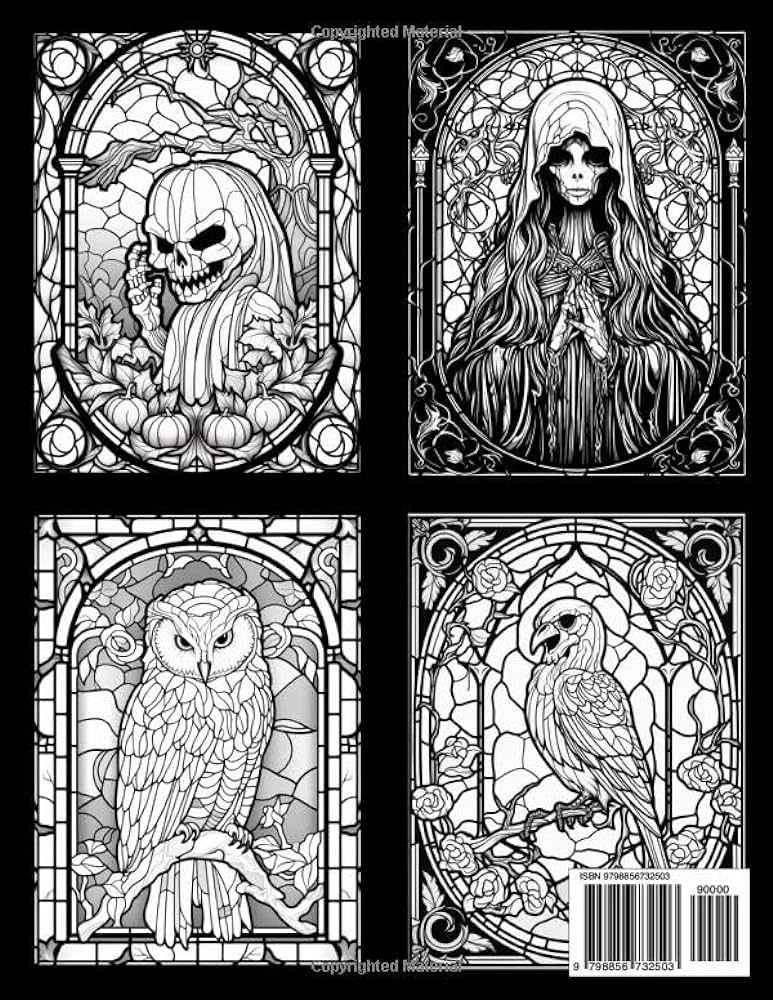 Stained glass halloween adult coloring book spooky and beautiful halloween designs for stress relief and relaxation pumpkins witches haunted houses skeletons publishing panda books