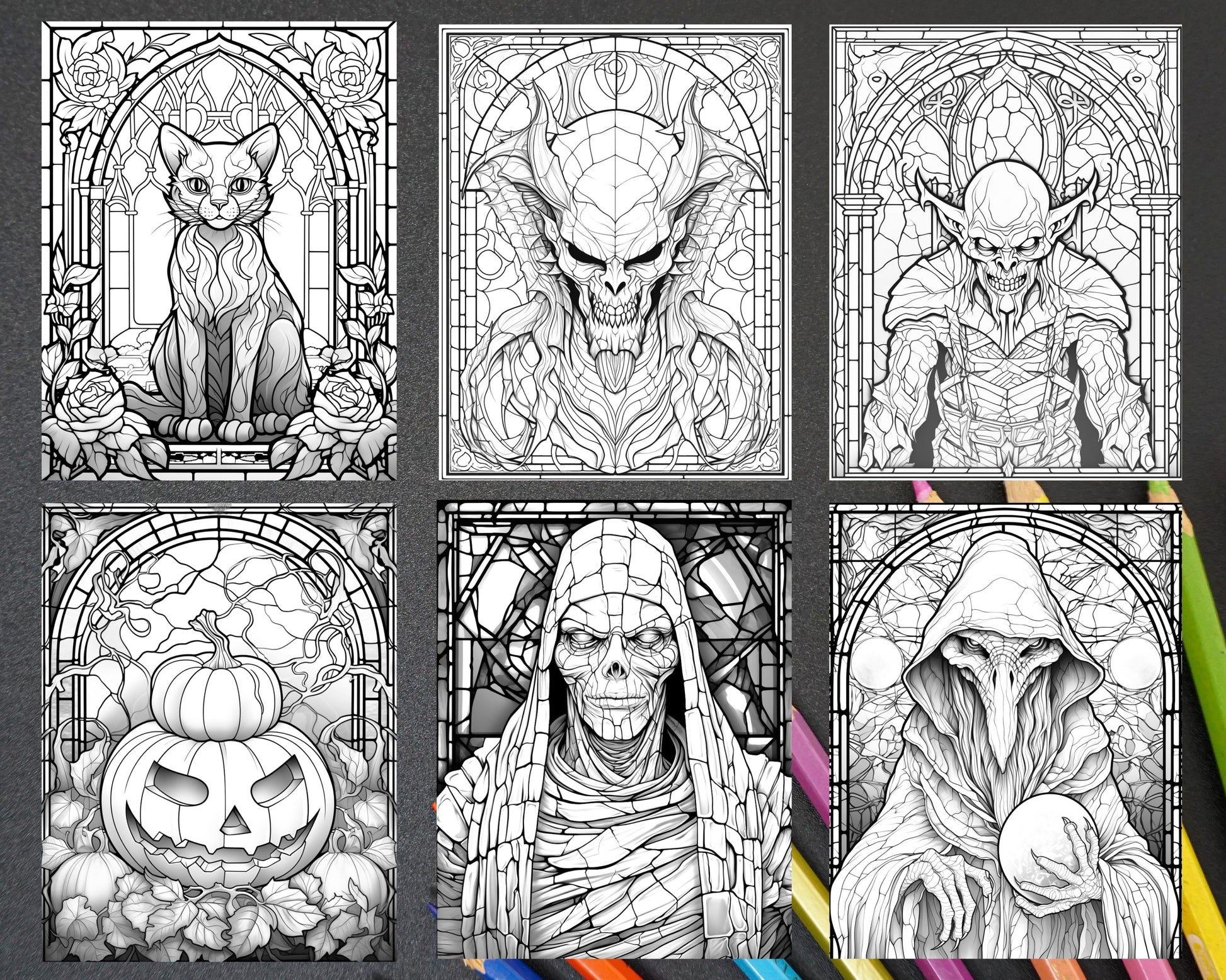 Halloween stained glass grayscale coloring pages printable for adul â coloring