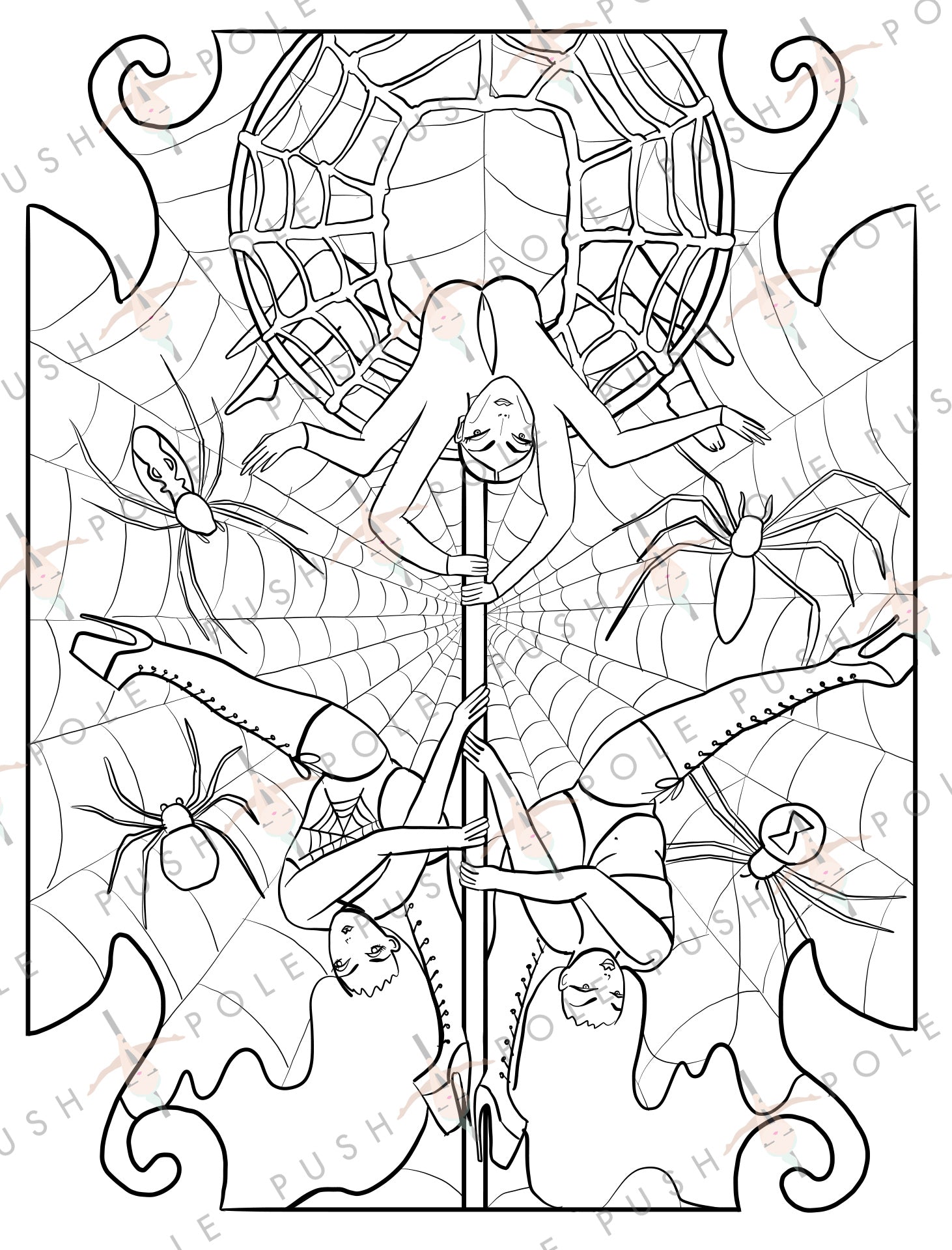 Spider halloween pole dancer digital coloring page x â push and pole