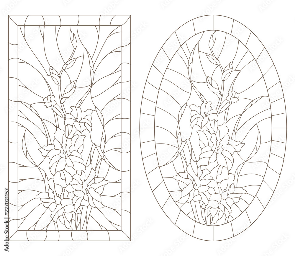 A set of contour illustrations of stained glass windows with gladiolus in frames dark contours on a white background oval and rectangular image vector