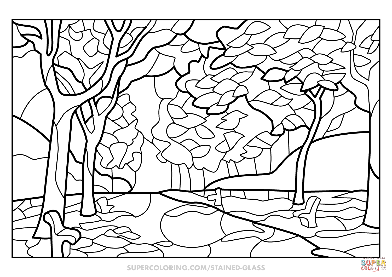 Fall trees stained glass coloring page free printable coloring pages