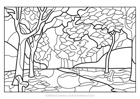 Fall trees stained glass coloring page free printable coloring pages