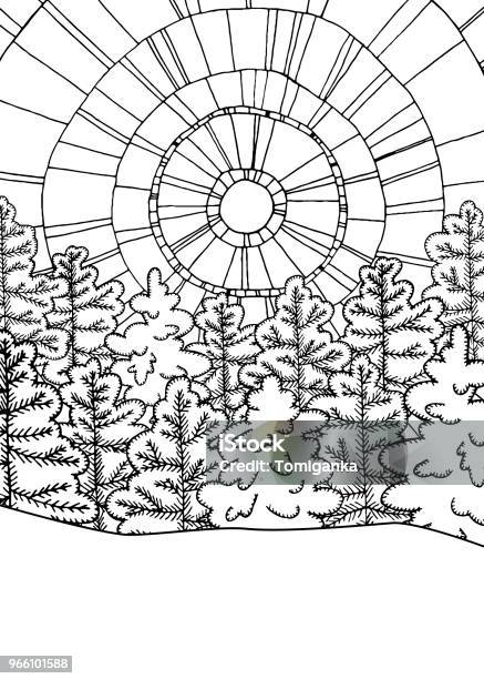 Winter line art design for coloring book pine trees and abstract sun snowy landscape stock illustration