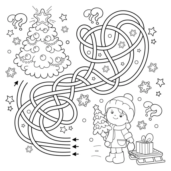 Coloring page outline of girl with gifts at christmas tree christmas new year coloring book for kids stock vector by oleon