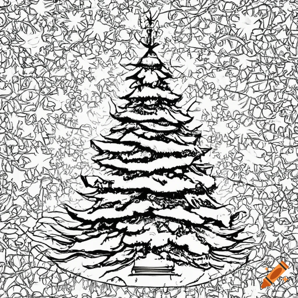 Christmas tree coloring page covered in snow on