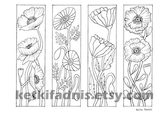 Coloring bookmarks poppy flowers bookmarks coloring page instant pdf download digital download hand drawn diy coloring page instant download