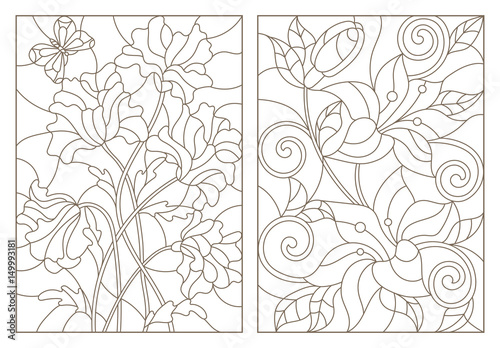 Set contour illustrations in the stained glass style with floral pattern bouquet by poppies and lilies dark outline on a white background vector