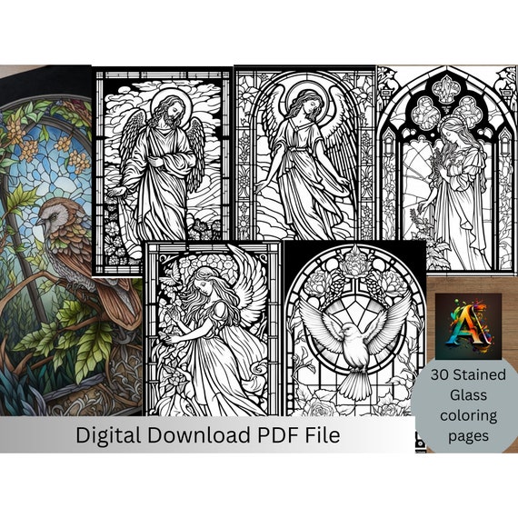 Religious stained glass coloring pages beautifully illustrated designs for meditation and relaxation