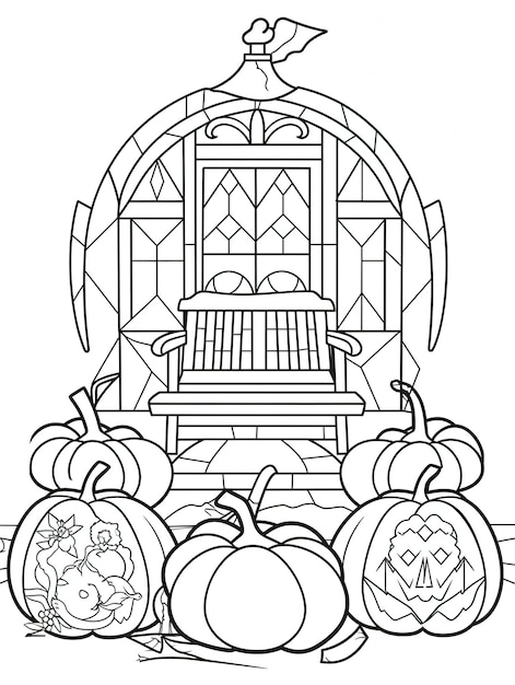 Premium ai image coloring page for adults church stained glass with pumpkins