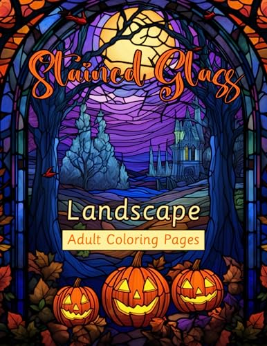 Stained glass landscape adult coloring pages featuring halloween designs for relaxation and stress relief