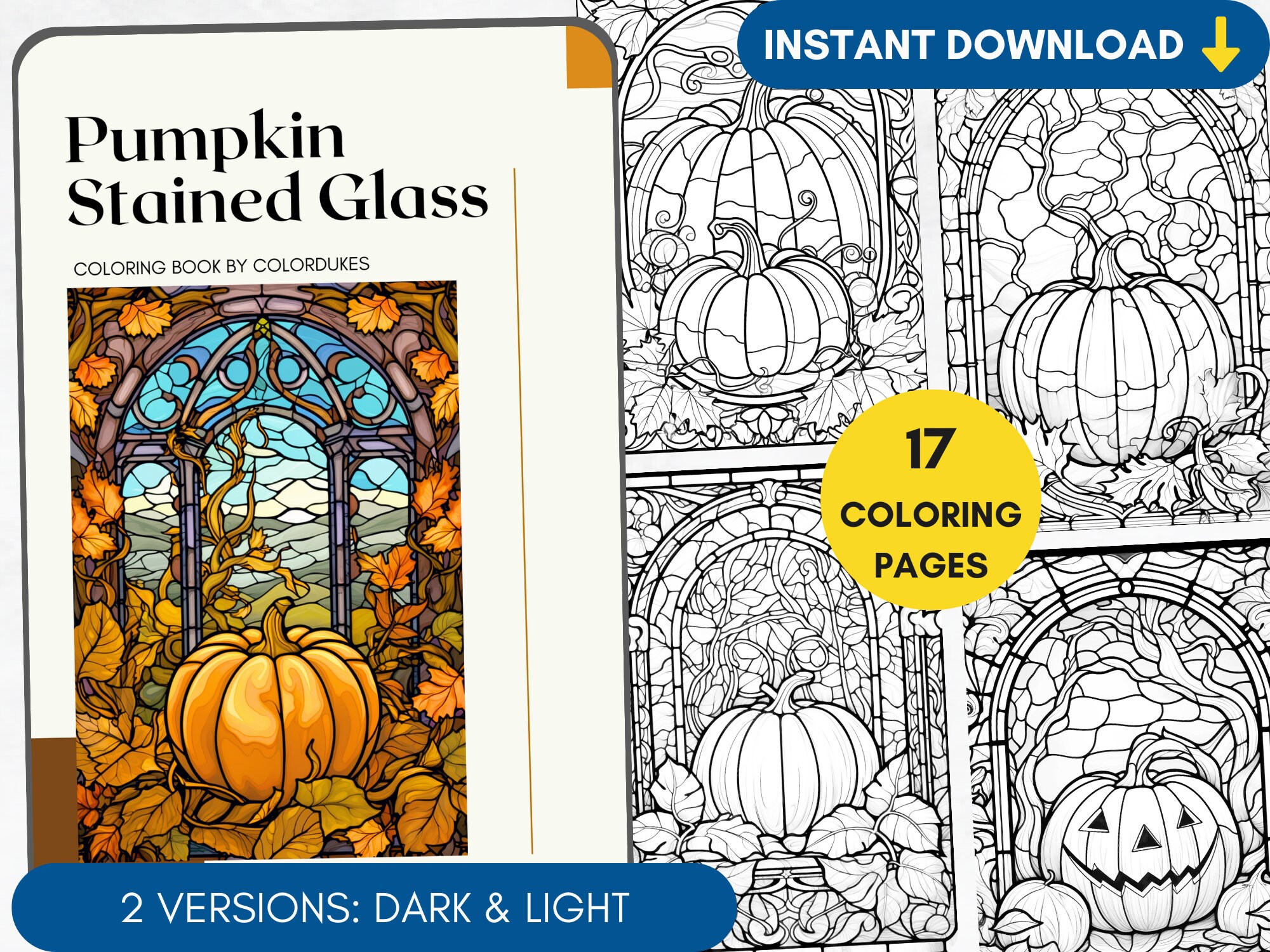 Pumpkin coloring pages stained glass no grayscale coloring book for adults autumn coloring page digital watercolor coloring window