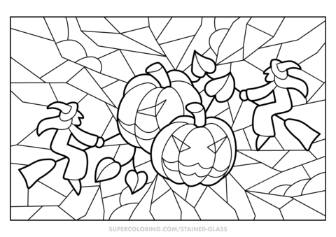 Halloween witches and pumpkins stained glass coloring page free printable coloring pages