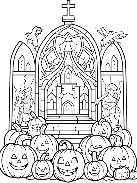 Premium ai image coloring page for adults church stained glass with pumpkins