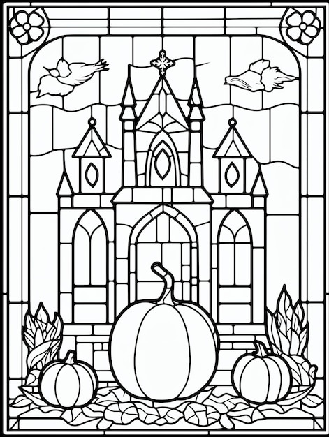 Premium ai image coloring page for adults church stained glass with pumpkins