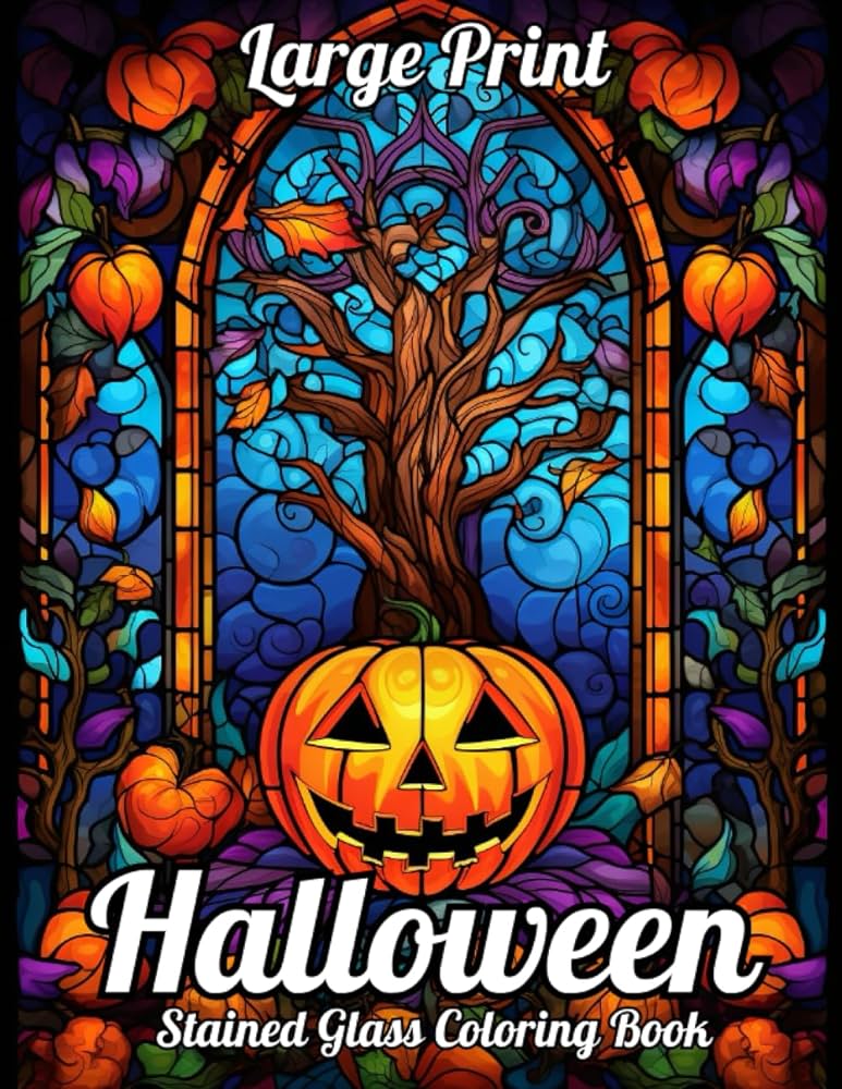 Large print halloween stained glass coloring book stained glass halloween coloring book halloween coloring book with pumpkins witches haunted houses skeletons for all ages m marshall m books
