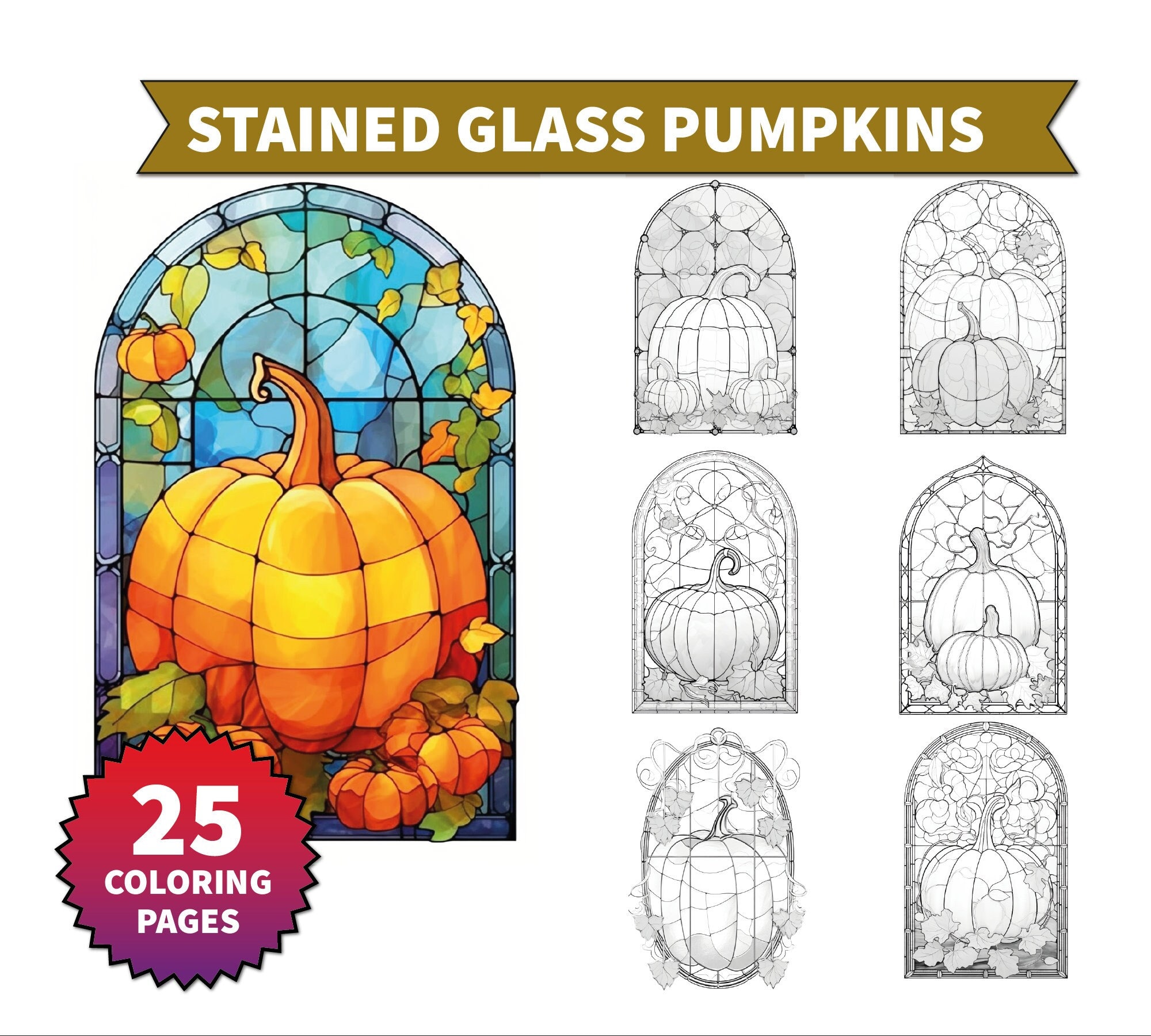 Stained glass pumpkins fantasy autumn coloring page for