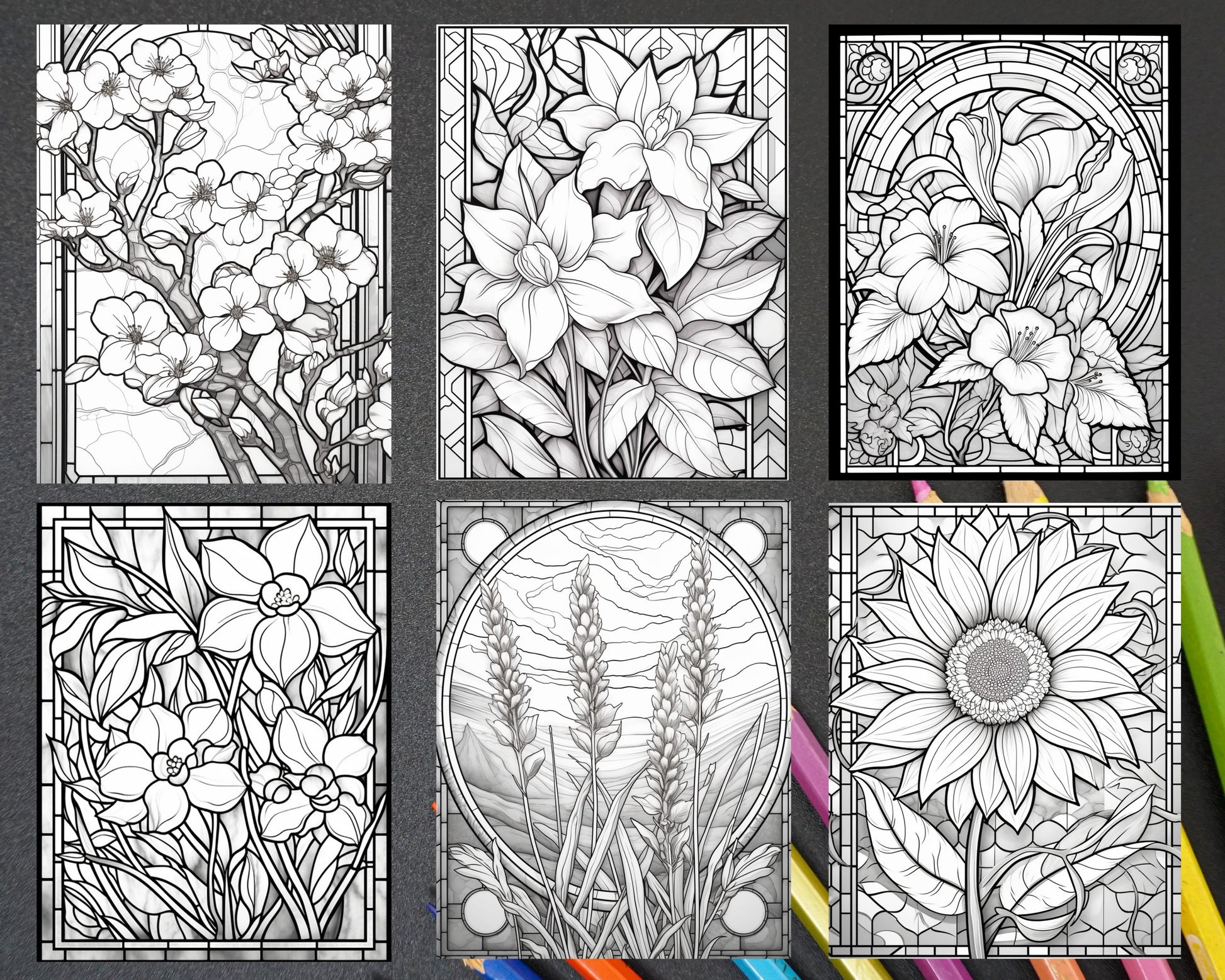 Stained glass flowers grayscale coloring pages printable for adults â coloring