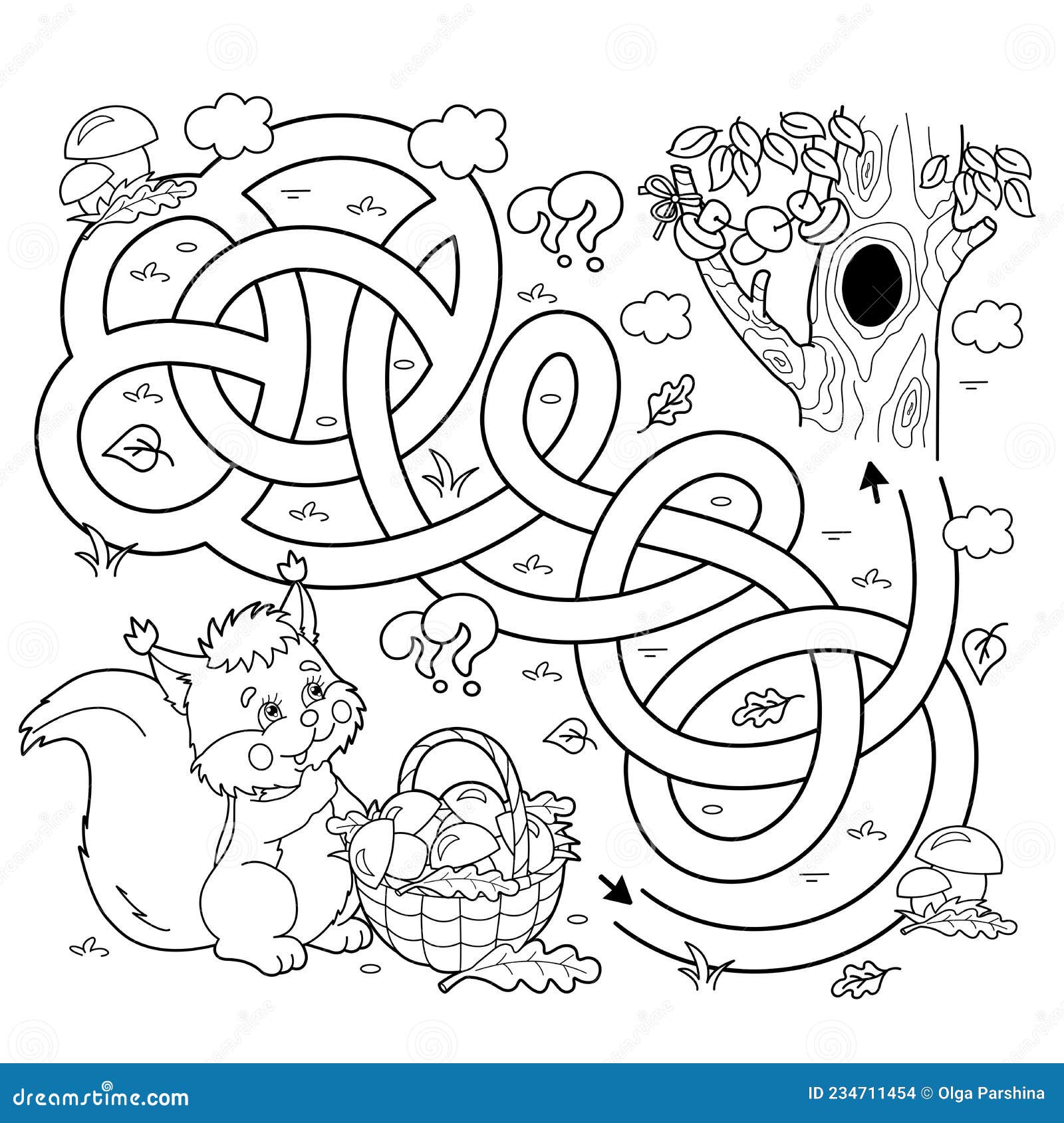 Maze or labyrinth game puzzle tangled road coloring page outline of cartoon squirrel with basket of mushrooms tree hollow stock vector