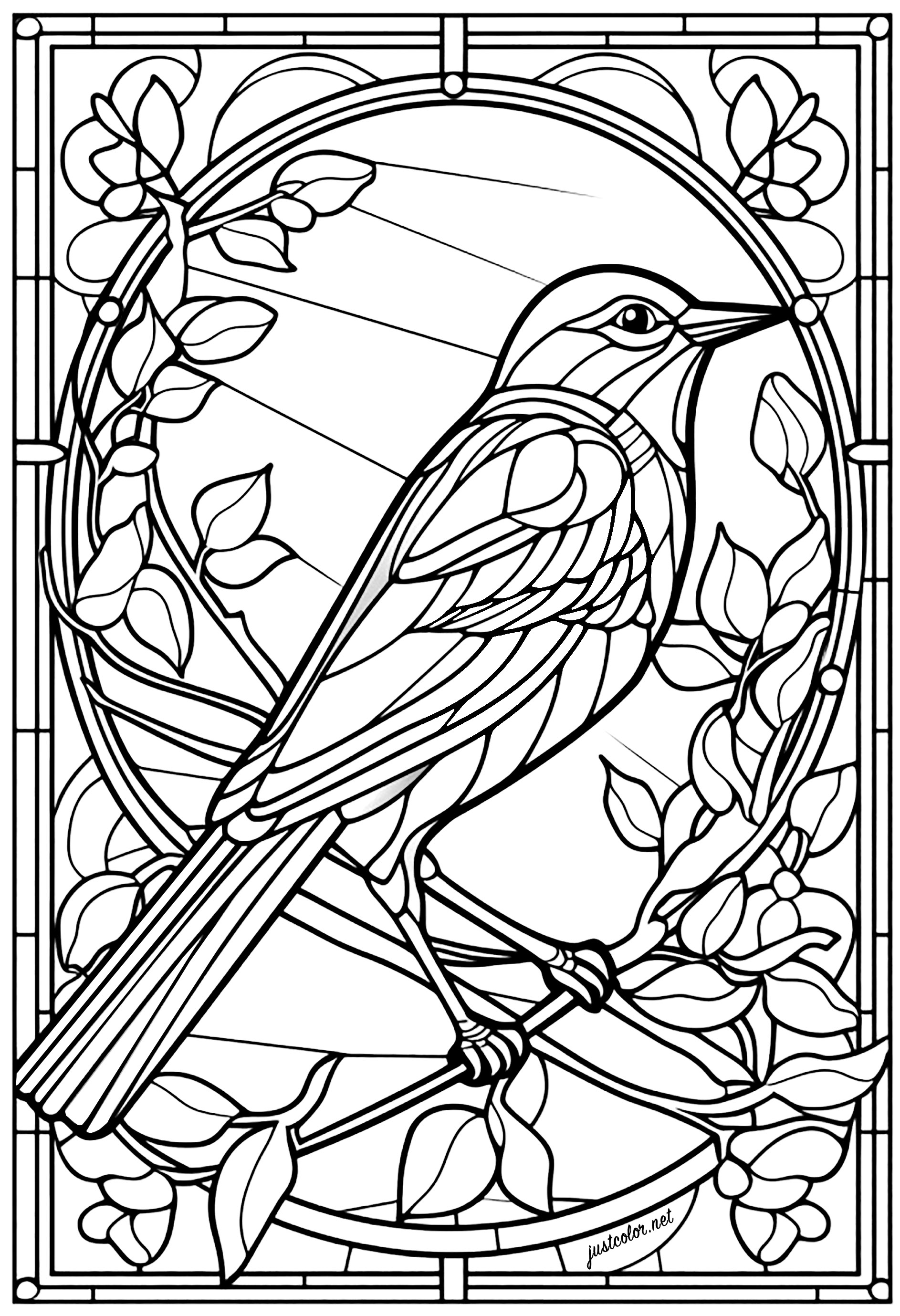 Beautiful bird and flowers in a stained glass window