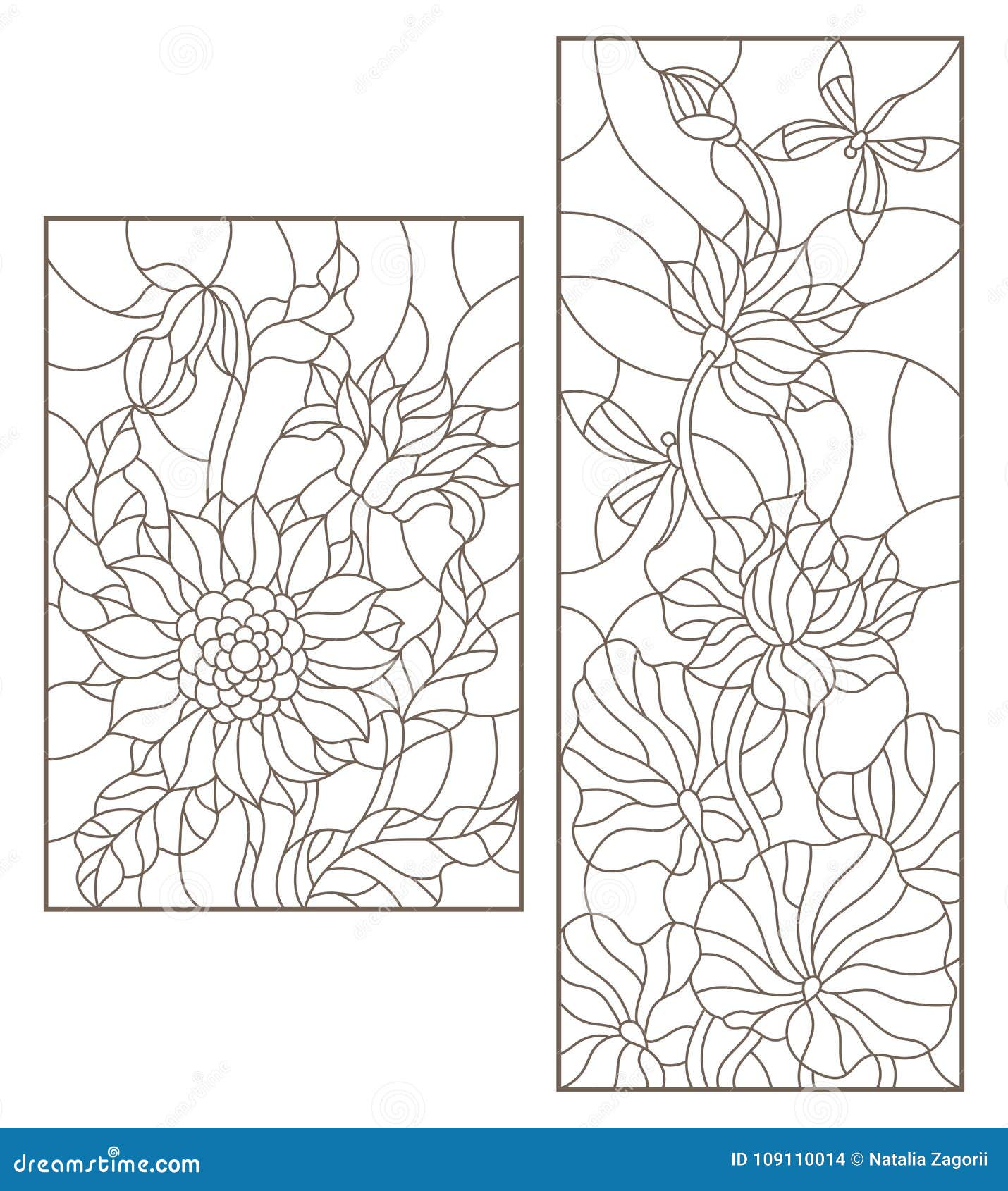 Contour set with illustrations of stained glass with flowers sunflowers and lotus flowers with dragonflies dark outline on a w stock vector