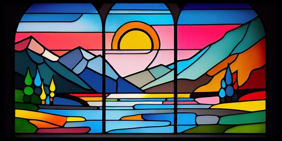 Sunrise over lake stained glass window pattern print download digital art files x dpi stained glass art print coloring page