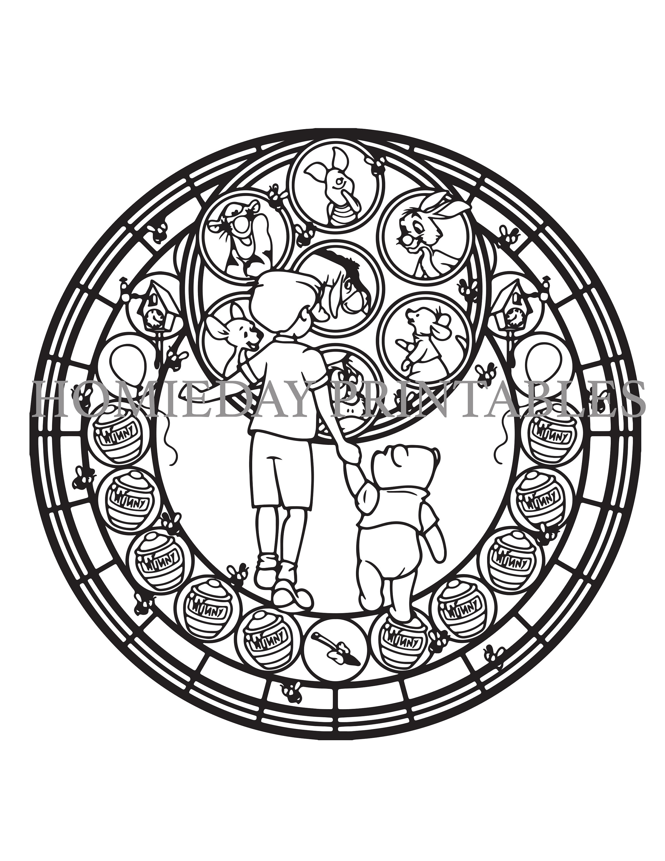 Winnie the pooh stain glass coloring page instant download