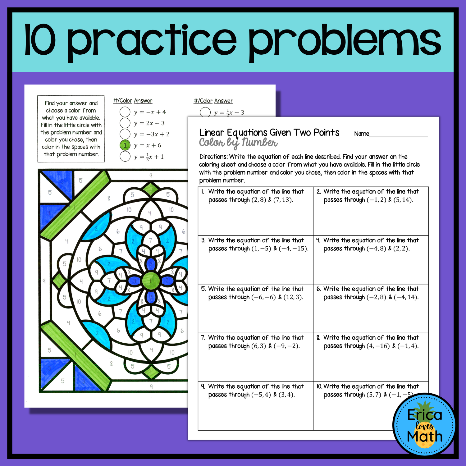 Writing a linear equation given two points color by number activity made by teachers