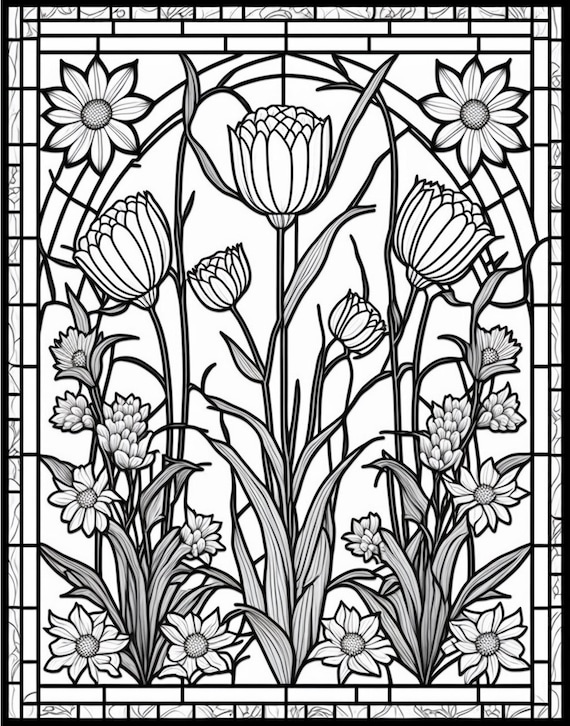 Flowers stained glass window printable adult coloring page from colouringquest coloring book pages for adults and kids instant download