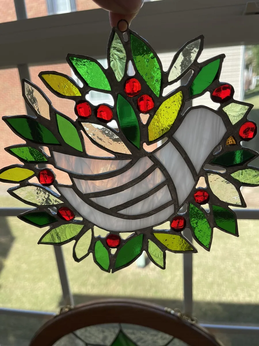 Hand made stained glass dove holly wreath sun