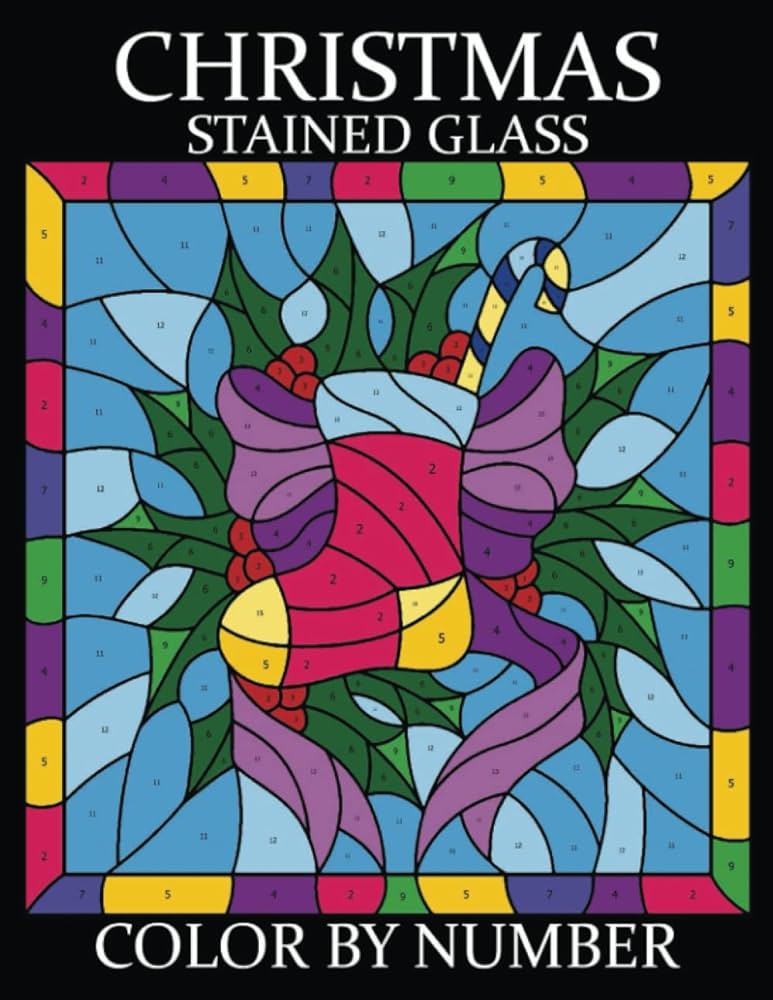 Christmas stained glass color by number a christmas coloring book featuring fun and relaxing holiday patterns with decorations santa animals and book for adults relaxation and stress relief creativity