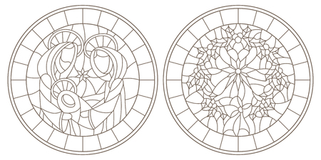 Set of contour illustrations of stained glass windows on biblical theme jesus baby with mary and joseph and christmas wreath with holly dark outlines on white backgroundround image in frame ù ùùø øªøµù ùù ù