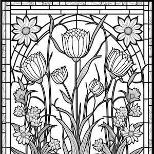 Flowers stained glass window printable adult coloring page from colouringquest coloring book pages for adults and kids instant download