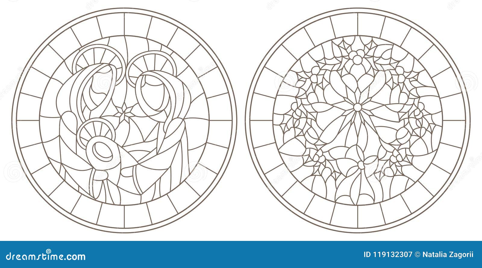 Contour set with illustrations of stained glass windows on biblical theme jesus baby with mary and joseph and christmas wreath w stock vector