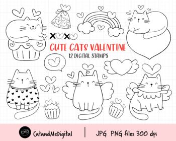 Valentine cat digital stamp clipart coloring outline arts by catandmedigital