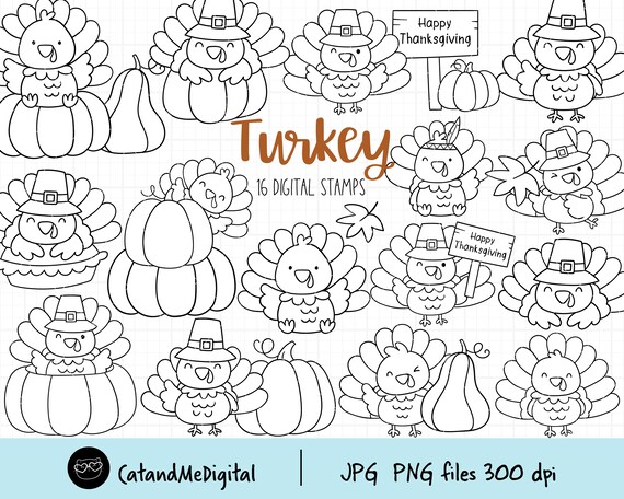 Cute turkey digital stamp outline coloring autumn clipart fall clipart turkey clipart pumpkin clipart turkey stamp png coloring page clipart