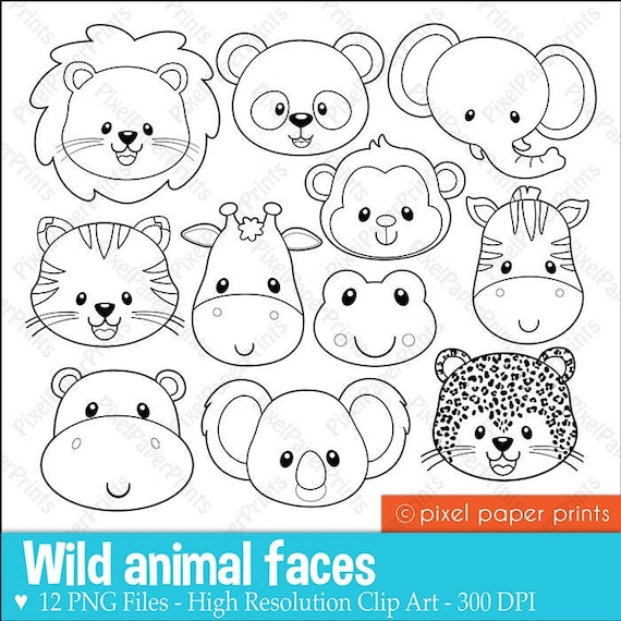 Animal faces digital stamps animal heads line art printable create worksheets cards coloring pages and more instant download