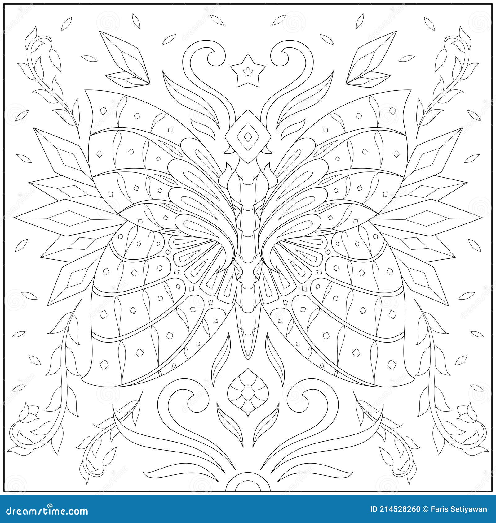 Amazing fantasy crystal butterfly illustration with plant and star learning and education coloring page illustration for adults a stock vector