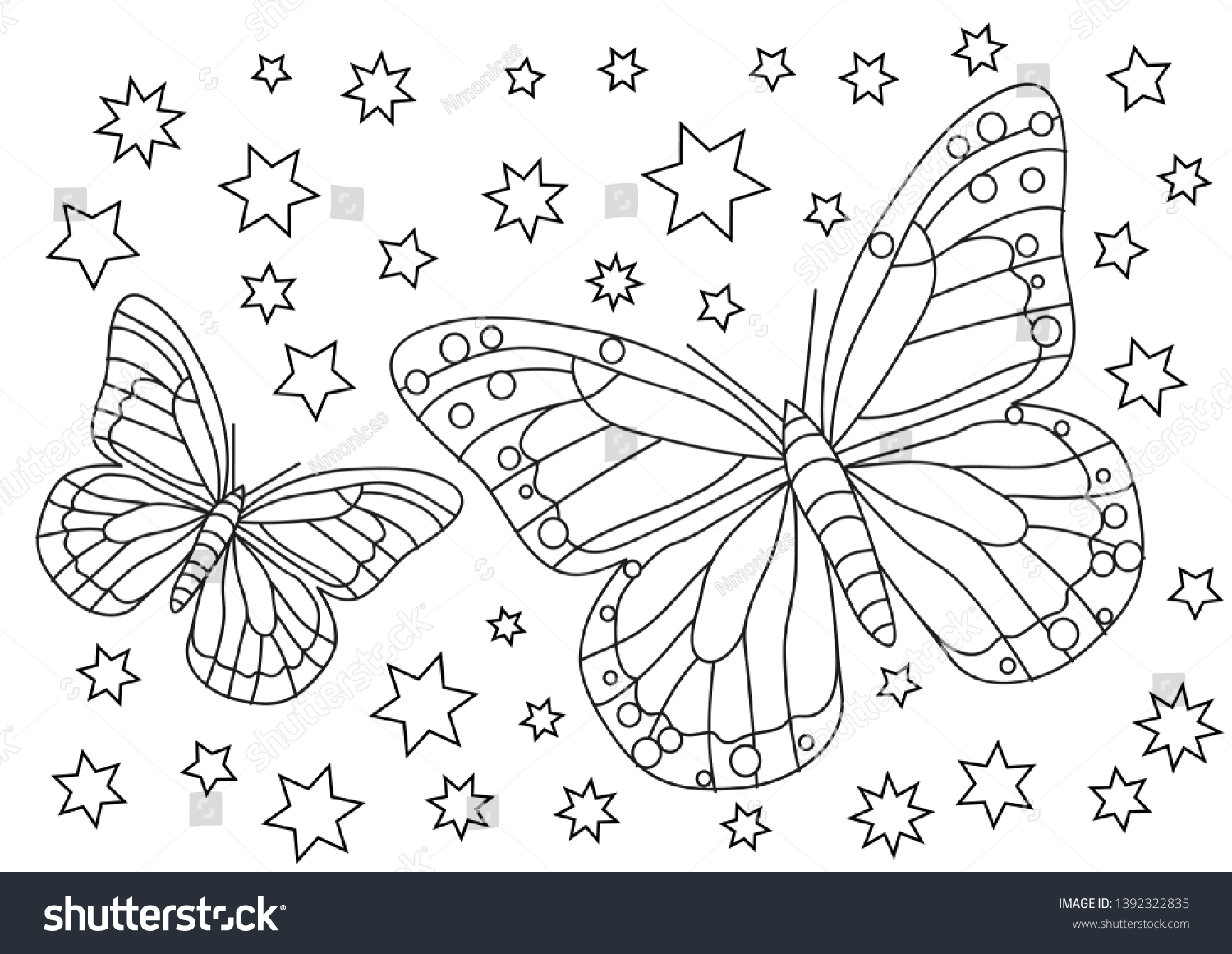 Coloring page butterflies stars stock vector royalty free