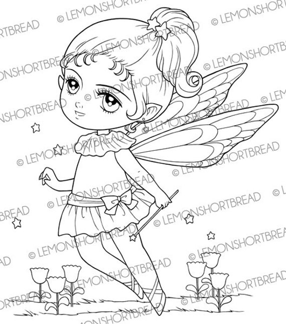 Digital stamp star field fairy digi coloring page fantasy anime butterfly pixie girl big eyed art download