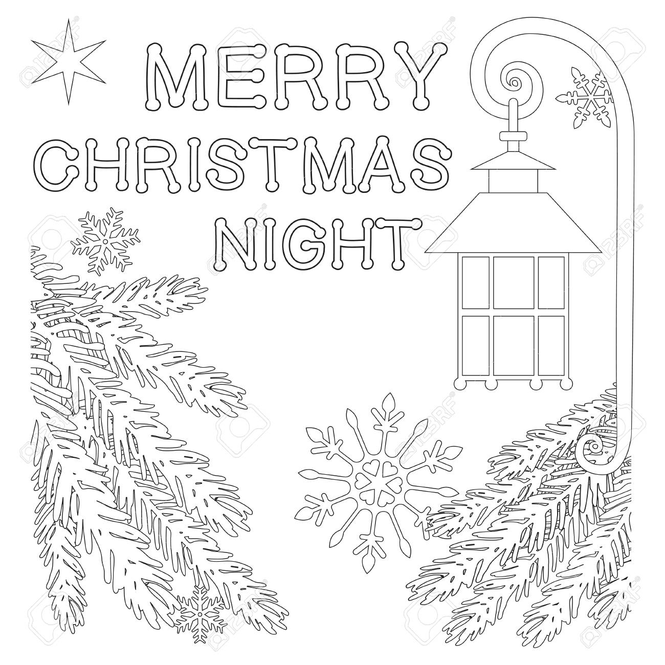 Merry christmas night poster with lonely star street lantern snowflake and christmas tree branches coloring book page for adults and kids vector illustration for xmas gift card certificate banner royalty free svg