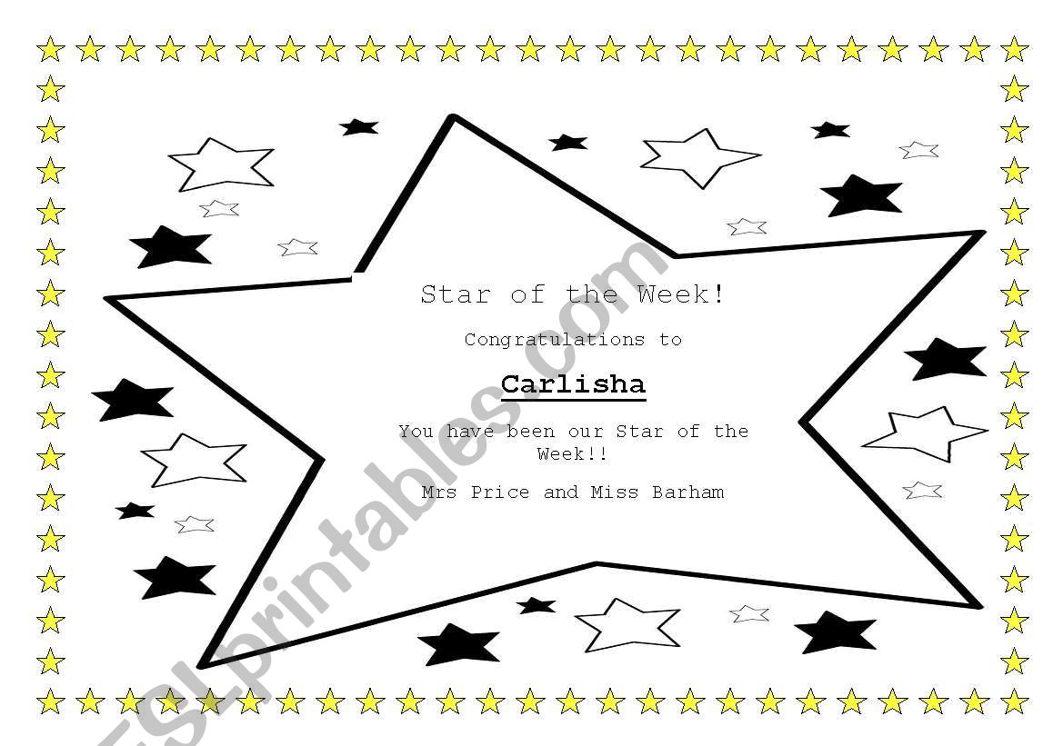 English worksheets star of the week certificate