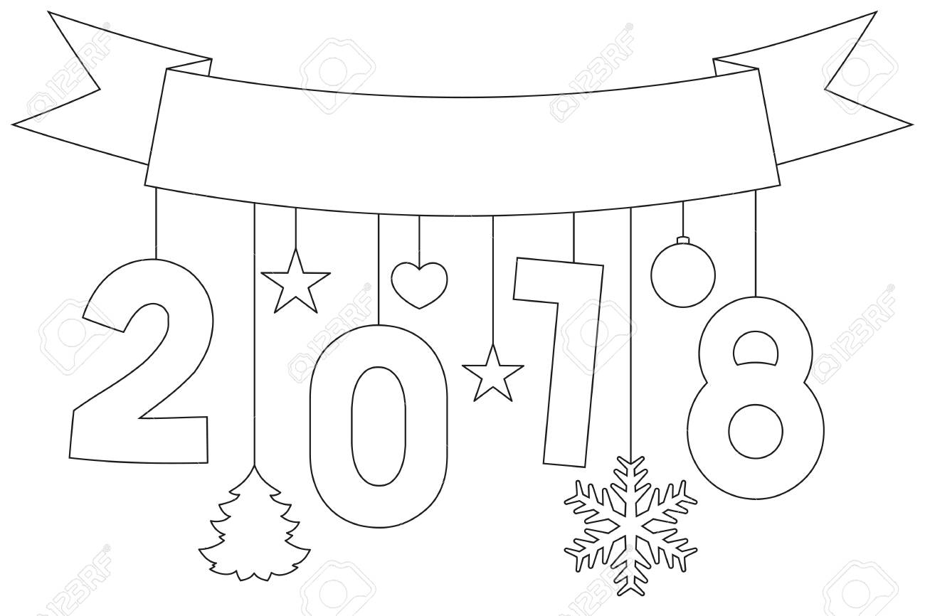 New year black and white poster ribbon snowflakes and stars coloring book page for adults and kids valentine day holiday vector illustration for gift card flyer certificate or banner royalty free svg