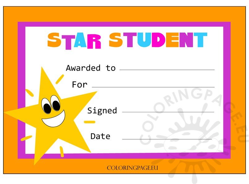 Star student certificate coloring page