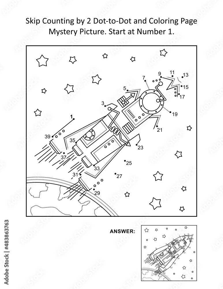 Skip counting connect the dots picture puzzle and coloring page space exploration themed with rocket or spaceship stars earth uneven numbers starting at answer included vector