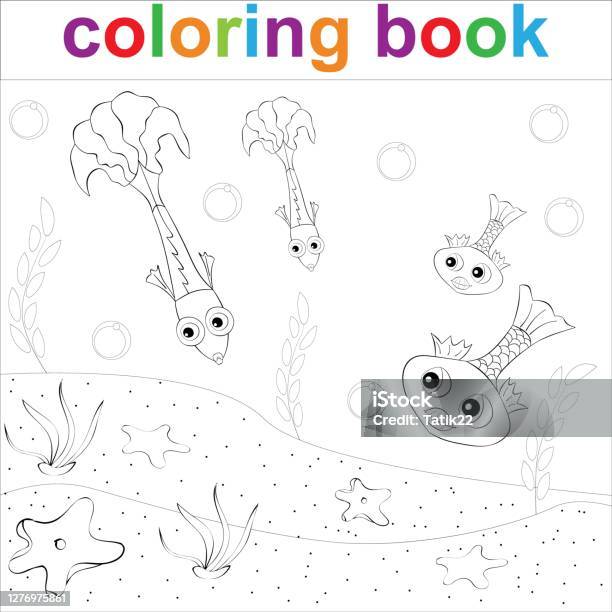 Coloring page template with fish seaweed and starfish stock illustration