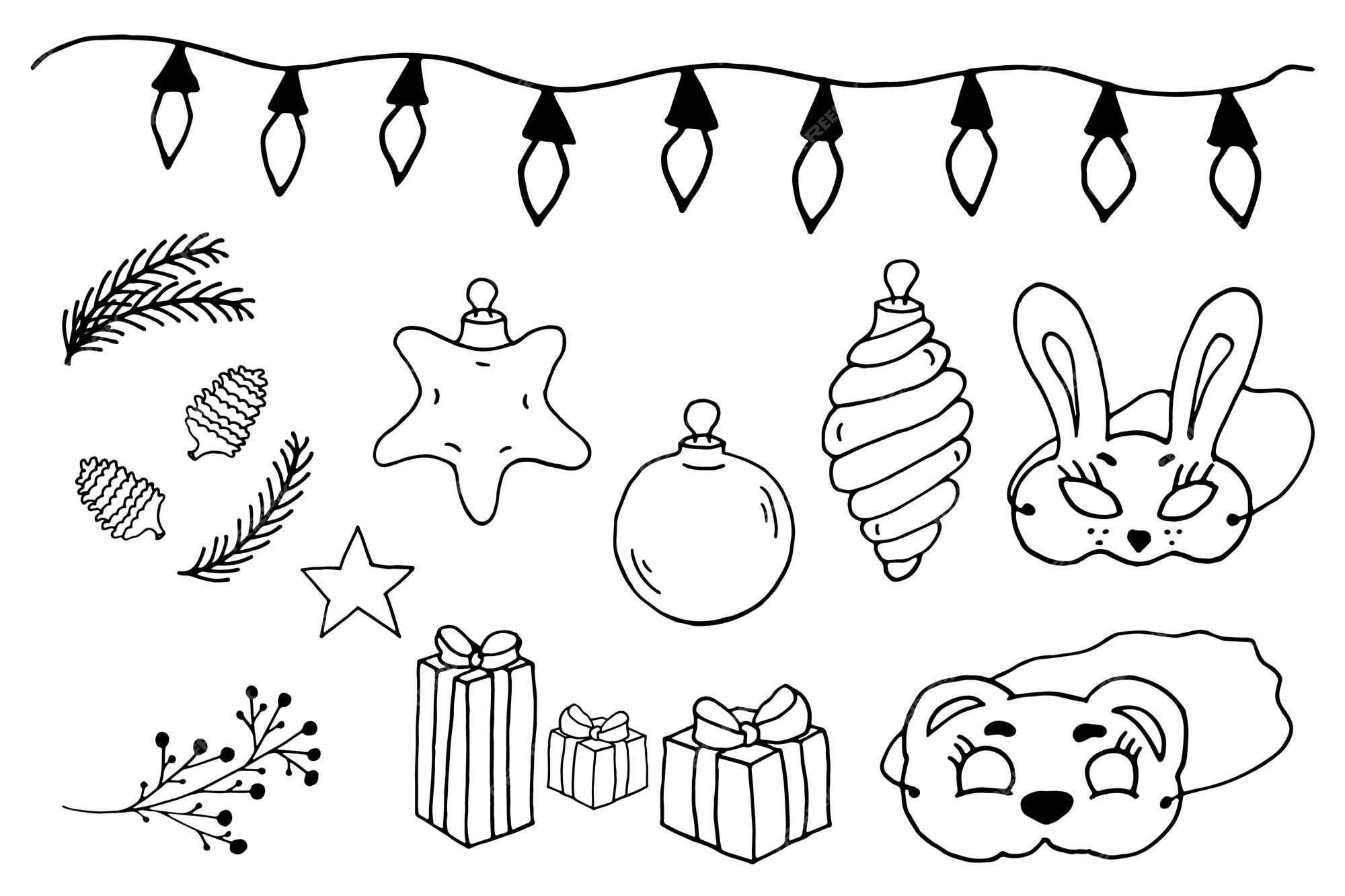 Premium vector coloring page christmas balls spiral stars tree brunch mask gift pine cones vector illustration