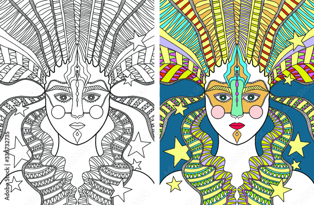 Beautiful mysterious stranger in mask with long hair and stars page in coloring book vector illustration vector