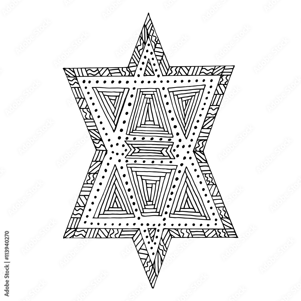 Star of david and zentangl zendudl vector jewish culture zen tangle and zen doodle israel zenart judaism coloring book vector