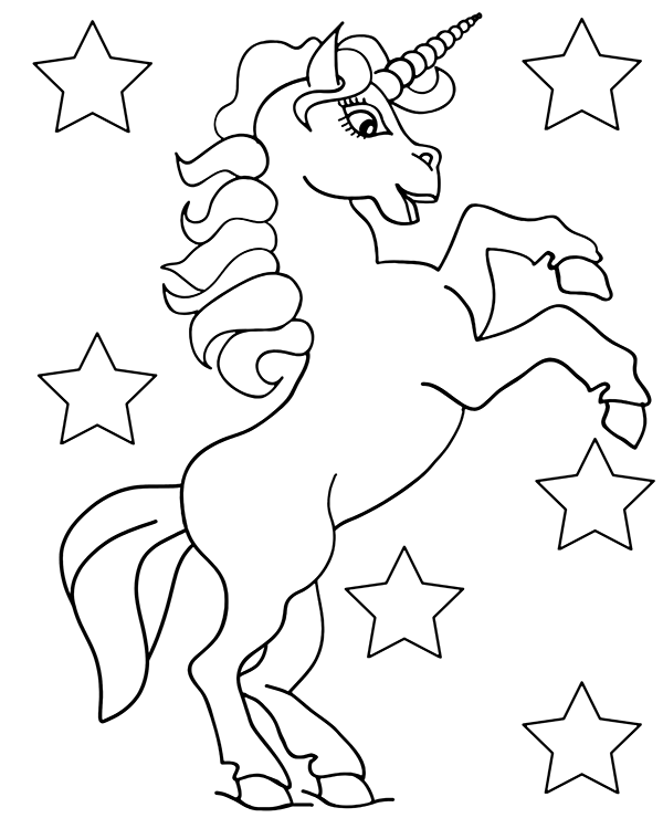 Printable coloring page unicorn and stars