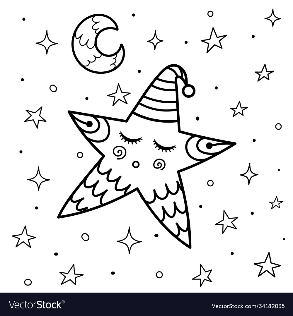 Cute sleeping star coloring page good night vector image